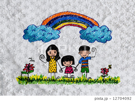 Happy family  father, mother, son and  daughter on wall texture 12704092