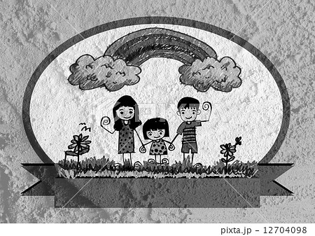 Happy family  father, mother, son and  daughter on wall texture 12704098