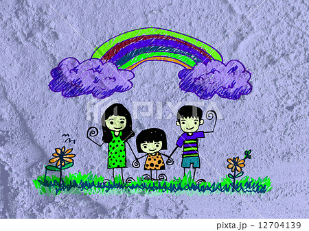 Happy family  father, mother, son and  daughter on wall texture 12704139