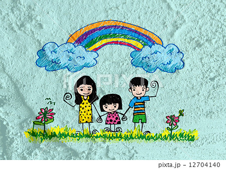 Happy family  father, mother, son and  daughter on wall texture 12704140
