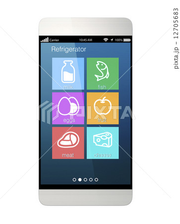 冷蔵庫の中身を確認できるスマホデザインコンセプトのイラスト素材
