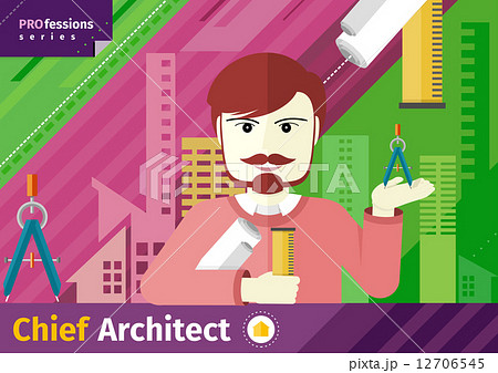 Chief architect with compasses and blueprint Chief architect with compasses and blueprint 12706545