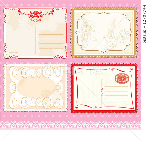 Set of Postcards in vintage design on polka dots pink background Set of Postcards in vintage design on polka dots pink background 12707744