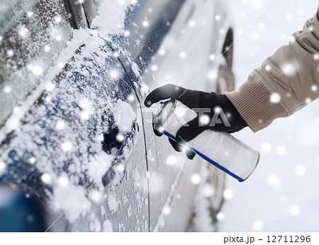 closeup of man hand with lock door de-icer 12711296