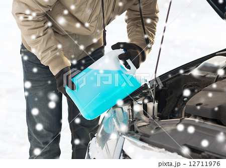 closeup of man pouring antifreeze into car 12711976