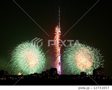green fireworks near Ostankino TV Tower in Moscow green fireworks near Ostankino TV Tower in Moscow 12731657