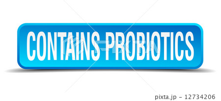 contains probiotics blue 3d realistic square isolated button 12734206