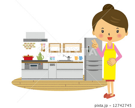 主婦 キッチン 料理 台所 のイラスト素材