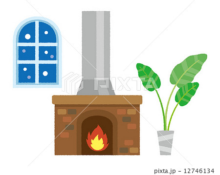 暖炉 囲炉裏 冬 窓 雪のイラスト素材