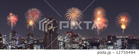 Fireworks celebrating over Tokyo cityscape at night, Japan Fireworks celebrating over Tokyo cityscape at night, Japan 12750494
