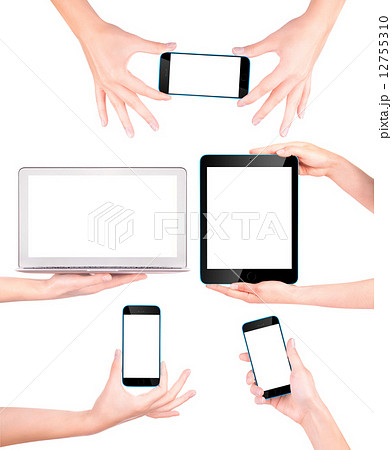 laptop, digital tablet and mobile phone with hand 12755310