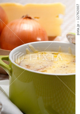 onion soup with melted cheese and bread on top onion soup with melted cheese and bread on top 12762007