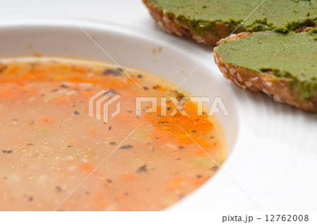 Italian minestrone soup with pesto crostini on side 12762008