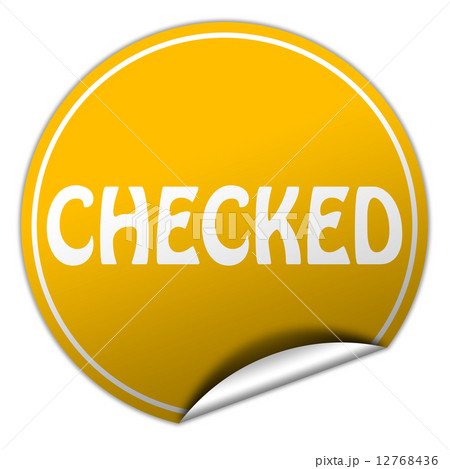 checked round yellow sticker on white background checked round yellow sticker on white background 12768436
