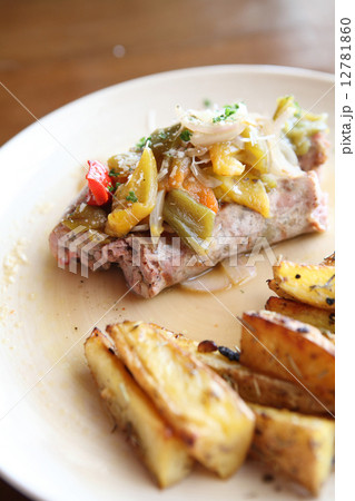 Sausage with potato on wood background 12781860