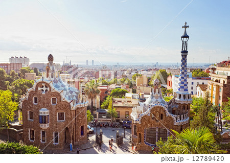 Views from the Parc Guell designed by Antoni Gaudi, Barcelona, Spain 12789420