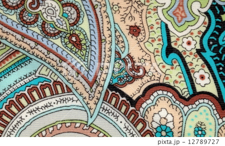 colorful vintage fabric with blue and brown paisley print 12789727