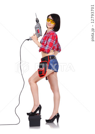 girl holding electric drill girl holding electric drill 12793701