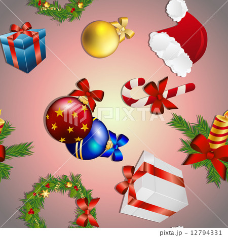 New year pattern with tree toy, gift, Christmas wreath, candle and candy, Santa hat 12794331