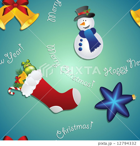 New year pattern with snowman, sock for gifts, bell and Christmas tree toy New year pattern with snowman, sock for gifts, bell and Christmas tree toy 12794332