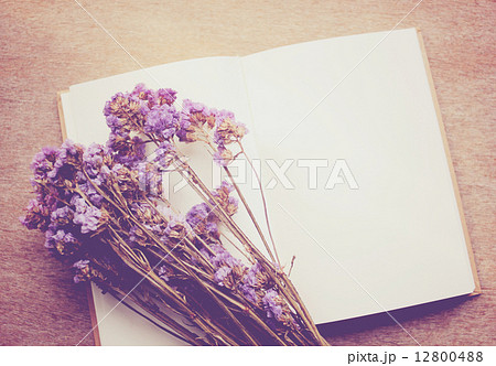 Blank notebook and dried statice flowers with retro filter effec 12800488