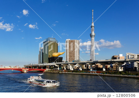 青空が広がる隅田川の水上バス・さくらと東京スカイツリー 12800506