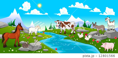 Mountain landscape with river and animals 12801566