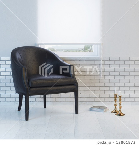 Black leather armchair in minimalist interior design Black leather armchair in minimalist interior design 12801973