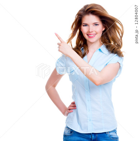 Happy woman shows a finger in the side. Happy woman shows a finger in the side. 12804007