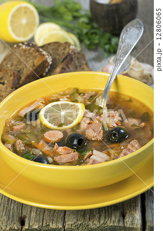 Meat soup. The traditional Russian soup - solyanka. 12806065