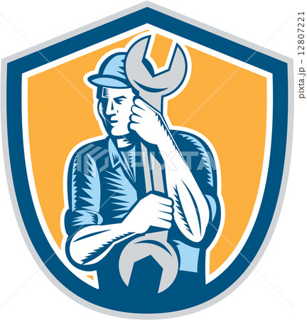 Mechanic Holding Spanner Wrench Shield Woodcut 12807221