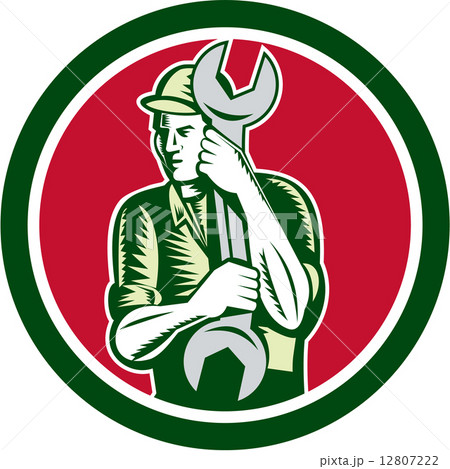 Mechanic Holding Spanner Wrench Circle Woodcut 12807222