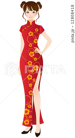 チャイナドレスを着た女性 春節のイラスト素材 12808418 Pixta
