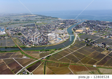 常願寺川河口付近を空撮の写真素材