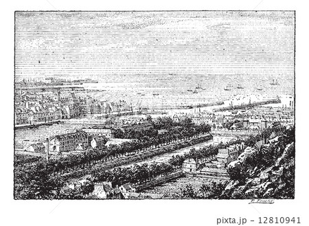 Piers of the port of Cherbourg, vintage engraving. 12810941