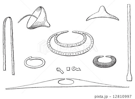 Indian antiquities, Objects gold found in tombs, vintage engravi 12810997