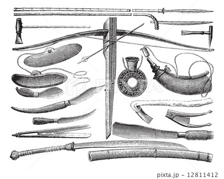 Weapons and Laotian tools, vintage engraving. Weapons and Laotian tools, vintage engraving. 12811412