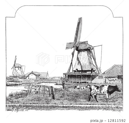 Mills, Zaandam (Holland), vintage engraving. Mills, Zaandam (Holland), vintage engraving. 12811592