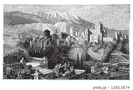 The Alhambra, in Granada, Spain. Old engraving around 1890. The Alhambra, in Granada, Spain. Old engraving around 1890. 12811674
