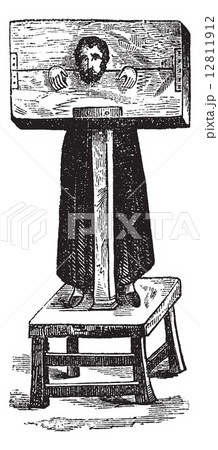 Pillory, after an ancient engraving, vintage engraving. 12811912