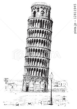 Leaning tower of Pisa or Tower of Pisa, vintage engraving. 12811945