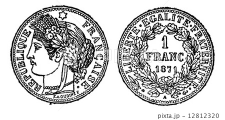 Piece of silver 1 franc, vintage engraving 12812320