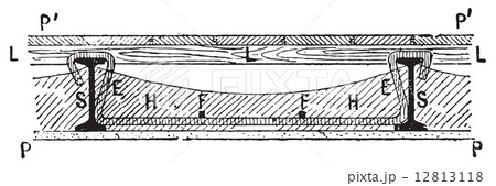 Section of a floor between two joists, vintage engraving. 12813118