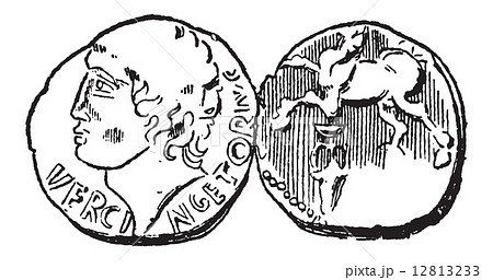 Ancient Celtic Gold Coin, vintage engraving 12813233