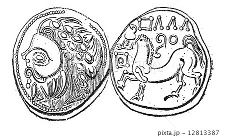 Ancient Celtic Didrachma Coin, vintage engraving 12813387
