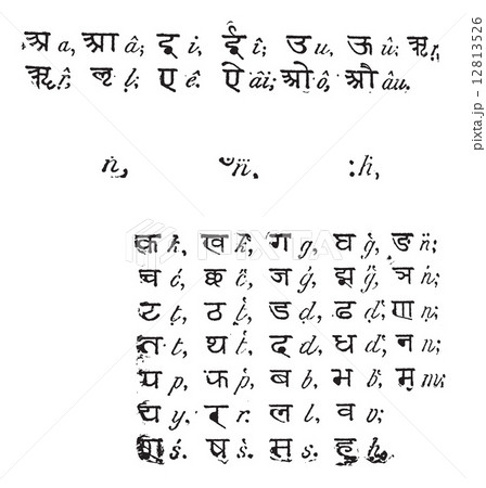 Sanskrit alphabet, vintage engraving. 12813526