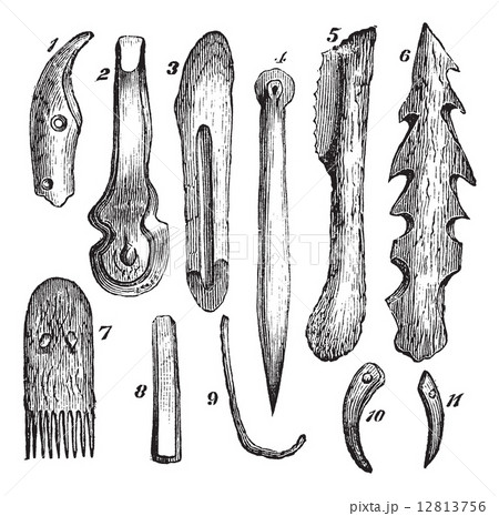 Bone implements, flint and wood, found in Moosseedorf vintage en 12813756