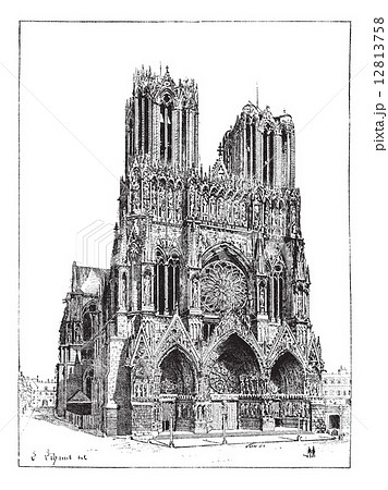 Cathedral of Reims, France, vintage engraving. 12813758