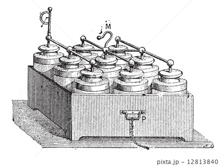 Electric Battery made up of Leyden Jars, vintage engraving 12813840