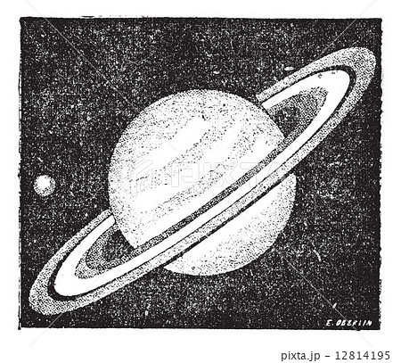 Comparison of the sizes of Saturn and Earth vintage engraving 12814195